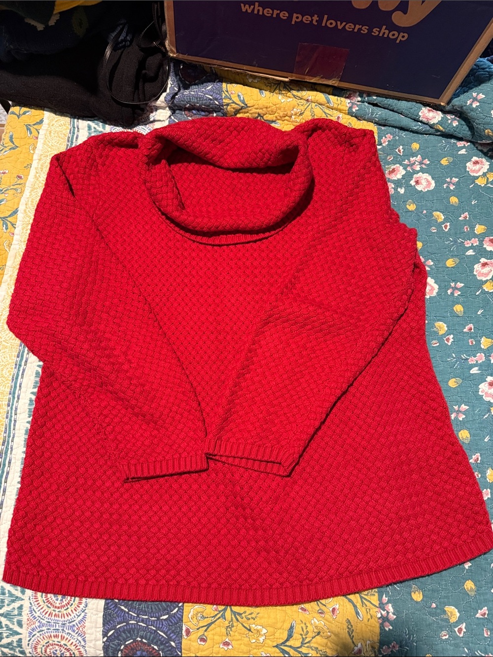 Dana Buchman Cotton Blend Red Cowl Neck Turtleneck Woven Texture Sweater